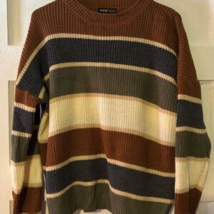 Shein Women’s Striped Sweater - Brown, Cream, and Gray, Medium